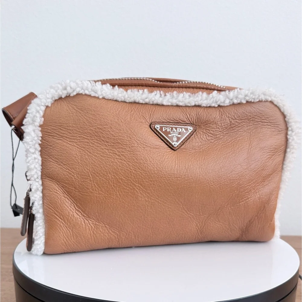 Prada Bandoliera Montone Shearling Leather Crossbody Bag Cognac 2VH181